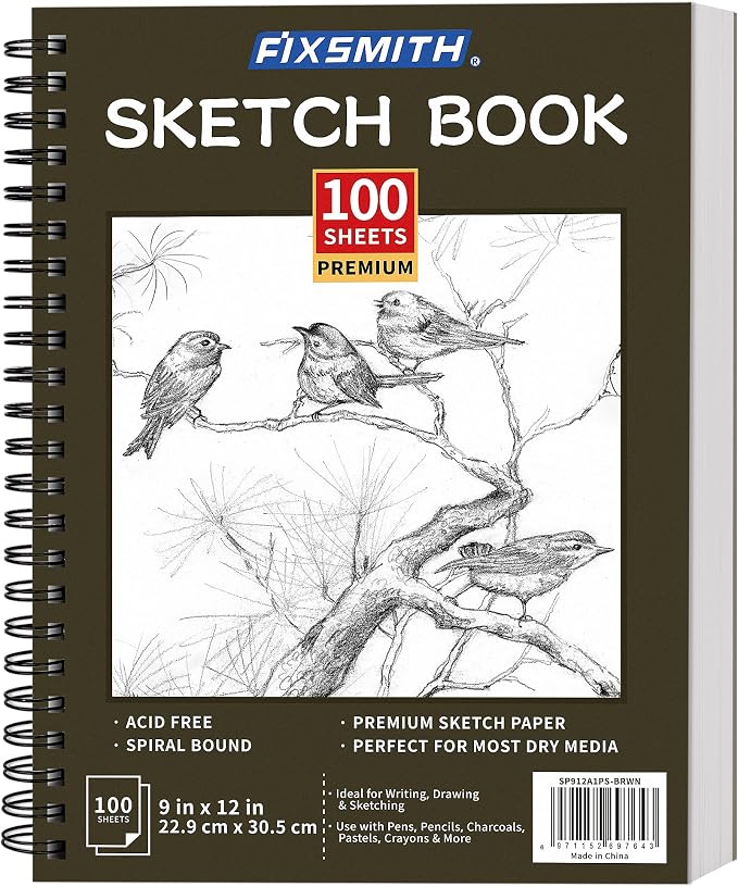 FIXSMITH 9"X12" Brown Sketch Book, 100 Sheets (68 lb/100gsm) Spiral Sketchbook, Acid Free Drawing Paper, Sketch Pad for Beginners,Artists & Professionals, Bright White