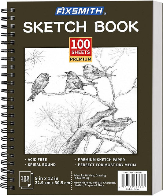 FIXSMITH 9"X12" Brown Sketch Book, 100 Sheets (68 lb/100gsm) Spiral Sketchbook, Acid Free Drawing Paper, Sketch Pad for Beginners,Artists & Professionals, Bright White