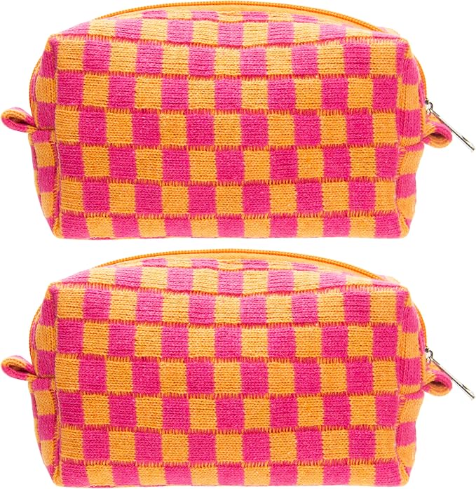 Checkered Makeup Bag for Purse, Small Cosmetic Pouch,Red Orange,2 Pack | Cute Zipper Makeup Organizer for Women, Travel Essentials, Toiletries, Makeup Brushes, Beauty Accessories&Bridesmaid Gifts