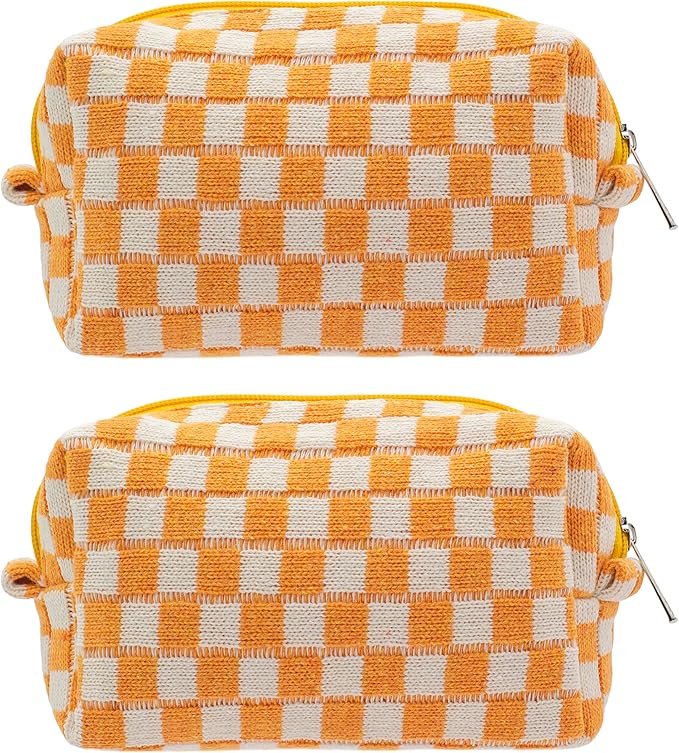 Checkered Makeup Bag for Purse, Small Travel Cosmetic Pouch,Orange,2 Pack | Cute Zipper Makeup Organizer for Women, Travel Essentials, Toiletries, Makeup Brushes, Beauty Accessories&Bridesmaid Gifts