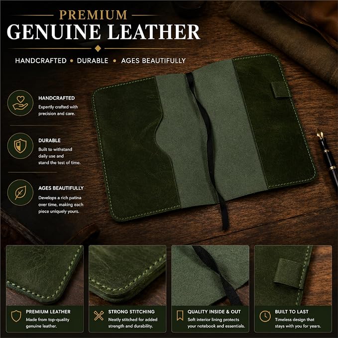 Green Leather Journal Cover XL – Handmade Refillable Notebook Holder with Pen Loop, B5 Writing Organizer for Office, Travel & Professional Use 7.5 x 9.5