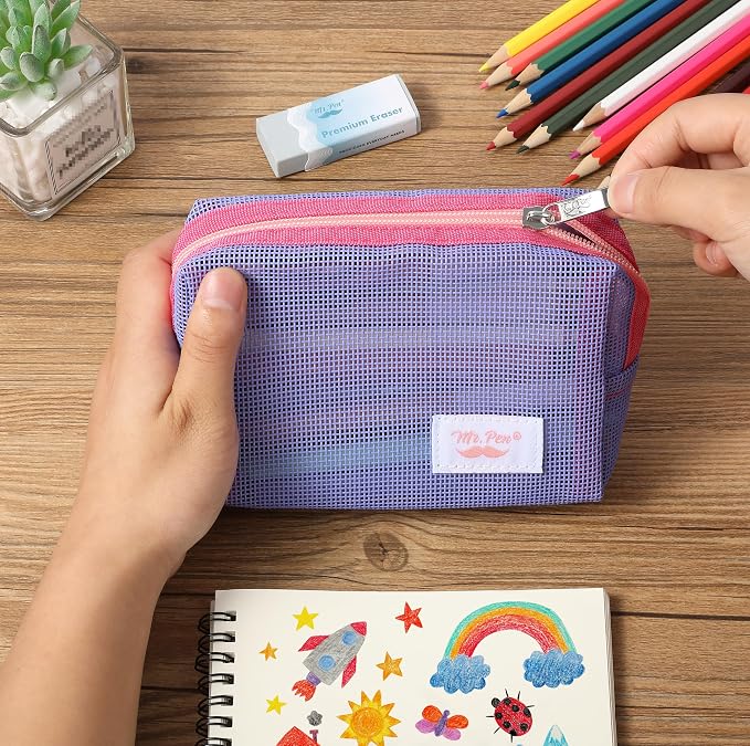 Mr. Pen- Mesh Pencil Case, Purple | Mesh Zipper Pouch Bags with Zipper Pouches for Organization, Cosmetic Bag, Purse Pouch, Cute Makeup Bag