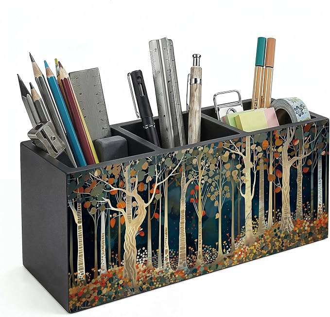 Rustic Autumn Forest William Morris Inspired Wooden Pencil Pen Holder for Desk Organizers and Accessories, Vintage Botanical Nature Makeup Brush Holder Organizer for Bathroom Vanity