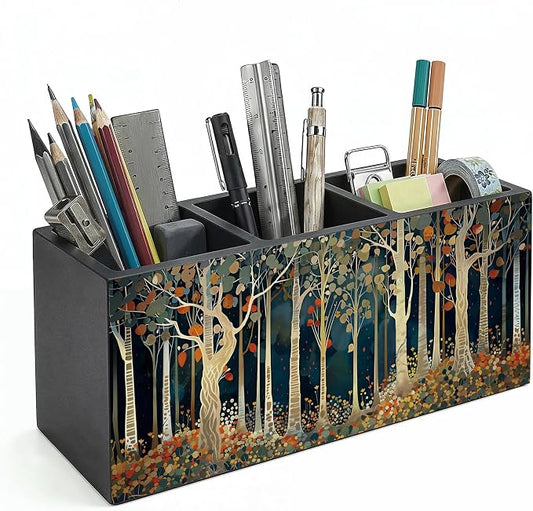 Rustic Autumn Forest William Morris Inspired Wooden Pencil Pen Holder for Desk Organizers and Accessories, Vintage Botanical Nature Makeup Brush Holder Organizer for Bathroom Vanity