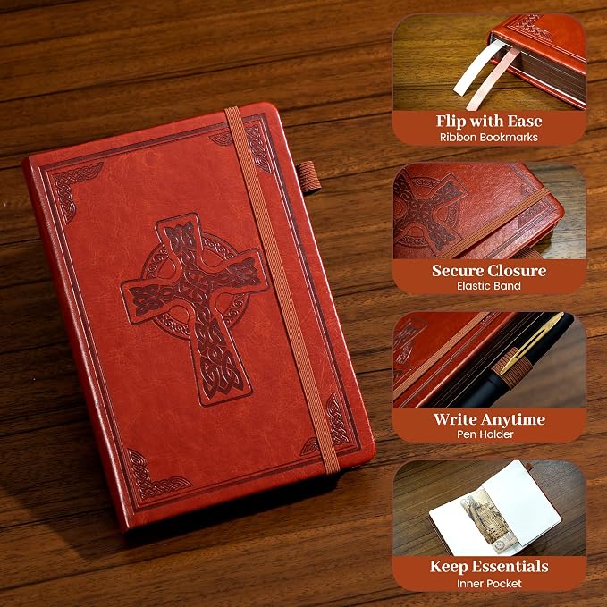 CAGIE Leather Lined Journal Notebook for Men & Women, Debossed Cross, 320 Pages 100 GSM Thick Paper, A5 Hardcover Journaling Notebooks for Writing, 5.7'' X 8.3'' Diary, Rust Brown