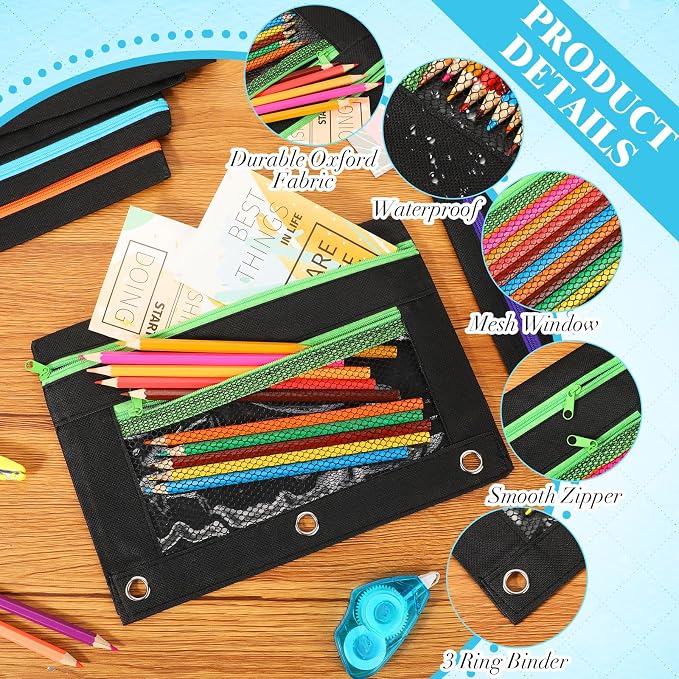 Zhehao 300 Pcs Binder Pencil Pouch Bulk Mesh Pencil Pouch for 3 Ring Binder with Zipper and Double Pocket for Writing Utensils School Supplies(Dark Color)