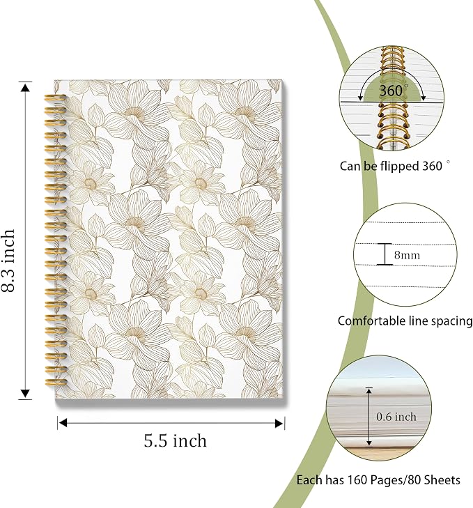Elegant Neutral Floral Spiral Notebook, Beige and Gold Botanical Journal, Vintage Minimalist Linear Flower Plant Hardcover Notebook Journal, 5.5x8.3 Inch