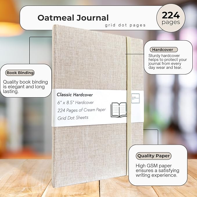 Portage Grid Dot Paper Hardcover Aesthetic Notebook Writing Journal – Bleed-Proof Paper Notepad for Journaling, High GSM, A5 Notebook, Cream Pages - Oatmeal, 6 x 8.5 Inches, 224 Pages