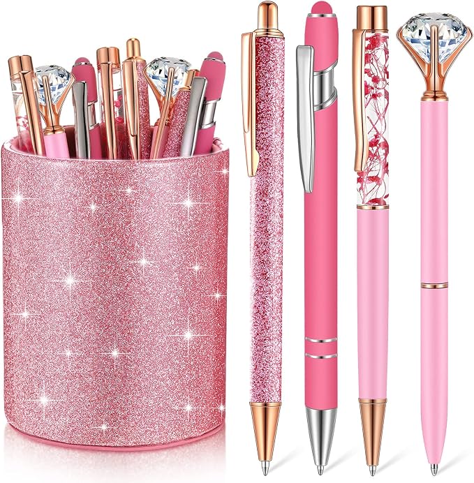 Sabary 8 Pcs Pink Pens with Pen Holder for Desk Glitter Crystal Diamond Cute Ballpoint Fancy Pencil Holder Bling Desk Organizer for Women Girls School Office Supplies Wedding Graduation Gifts