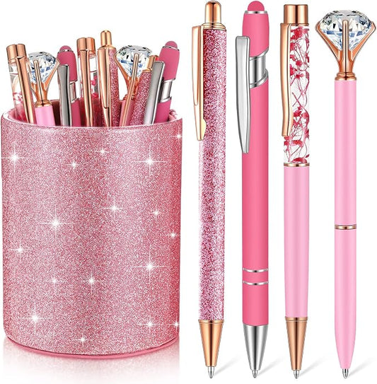 Sabary 8 Pcs Pink Pens with Pen Holder for Desk Glitter Crystal Diamond Cute Ballpoint Fancy Pencil Holder Bling Desk Organizer for Women Girls School Office Supplies Wedding Graduation Gifts