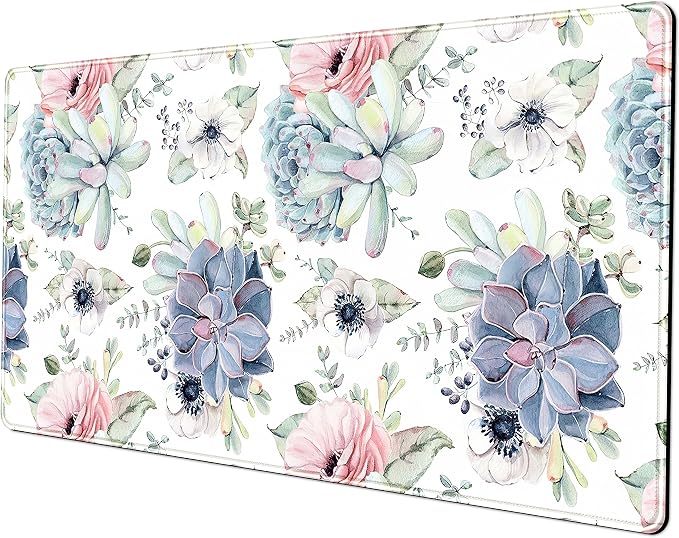 Watercolor Succulents Desk Mat, Plants Succulent Roses Desk Pad Protector, Large Gaming Mouse Pad, Stable Rubber Base Mousepad with Stitched Edges, Keyboard Mouse Mat for Work, Game, Office, Home