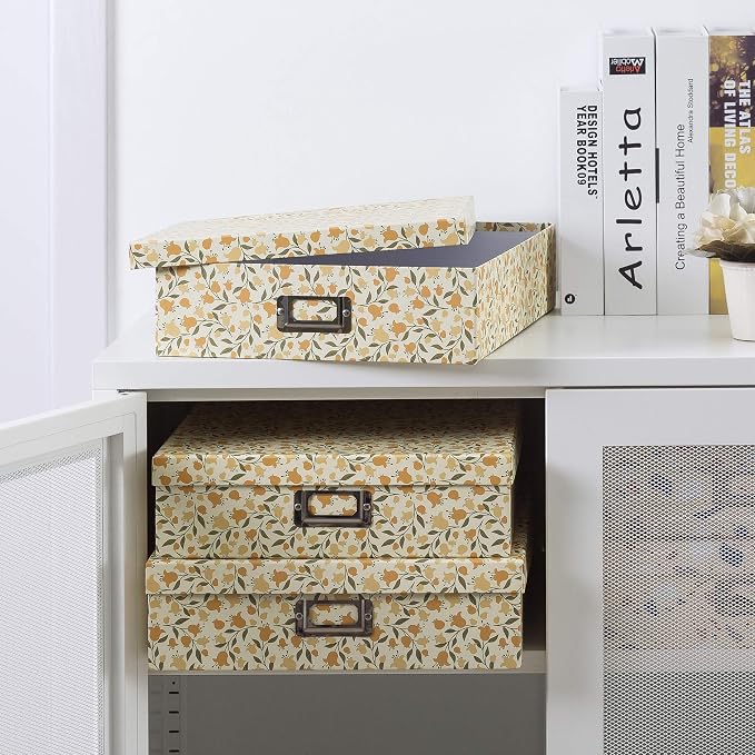 Soul & Lane - Keepsake Storage Boxes with Lids, Set of 3, Floral Dance | Decorative Cardboard Photo Box Set for Documents, Scrapbook Paper and Memories, Large Nesting Letter Organizers, Jumbo Size