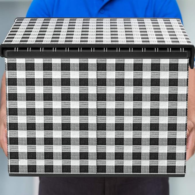 File Organizer Box with Lid, Collapsible File Folder Organizer for Office Document Storage, Filing Box with Plastic Slide for Letter Size Hanging File Folders(1 Pack, Black & White Lattice)