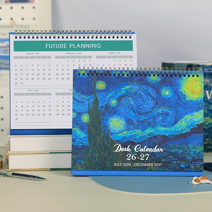 Desk Calendar 2026-2027 Flip Desktop Calendar Jul 2026 - Dec 2027 | 9.8" x 8.3" Starry Night Van Gogh Desk Planner with Thick Paper for Office Home School