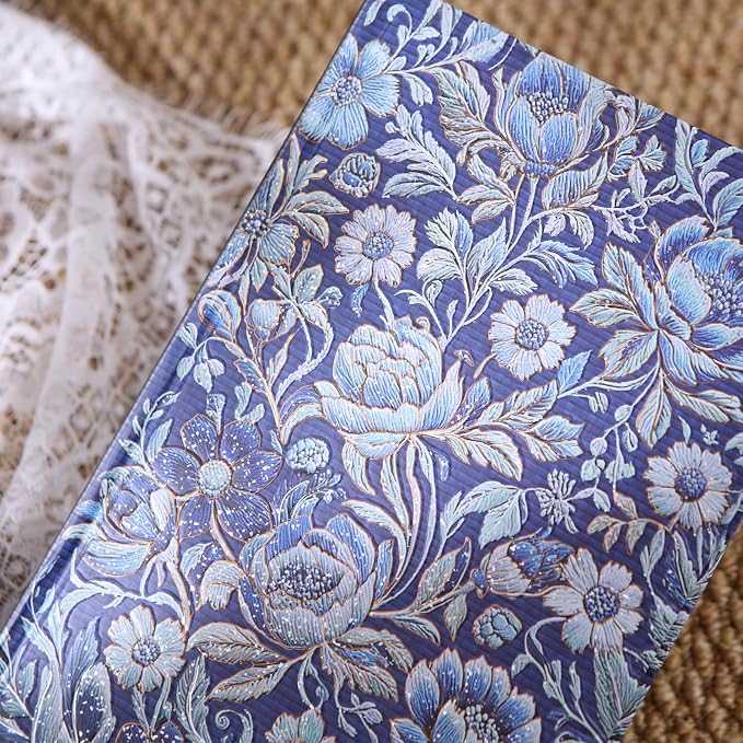 Hardcover Lined Journal - 224 Pages 100GSM Thick Paper A5 Notebook with Gilded Edges, Elegant Blue Damask Floral Pattern, Classic Aesthetic Diary for Women