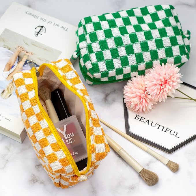 PAZIMIIK Checkered Makeup Bag for Purse Portable Zipper Make Up Pouch Small Cosmetic Case for Travel Accessories (Orange) | Cute Zipper Makeup Organizer for Women, Travel Essentials, Toiletries, Makeup Brushes, Beauty Accessories&Bridesmaid Gifts