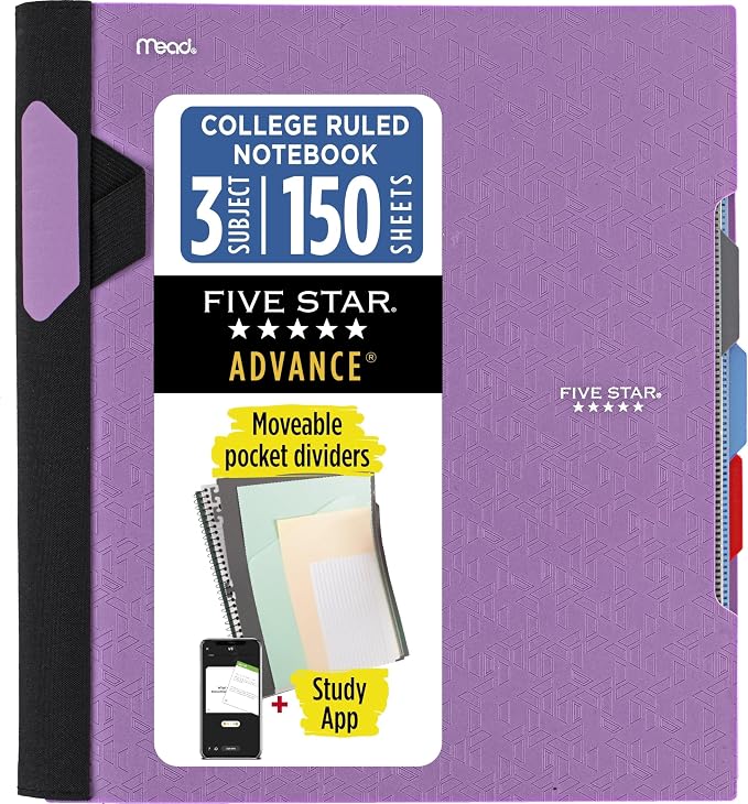 Five Star Advance Spiral Notebook + Study App, 3 Subject, College Ruled Paper, 8-1/2" x 11", 150 Sheets, Spiral Guard, Movable Tabbed Dividers, Amethyst Purple (820060G) (Pack of 6)