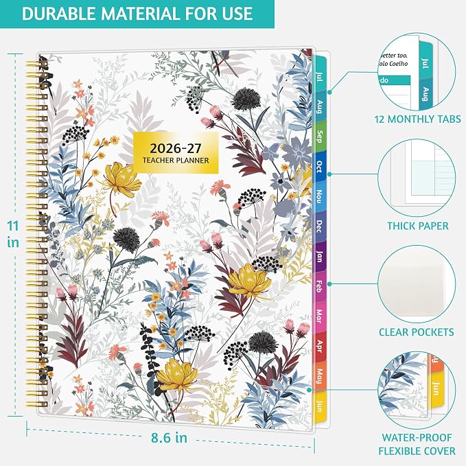 GoiUnlt Teacher Planner 2026-2027, JUL. 2026 – JUN. 2027, Lesson Planner 2026-2027 Academic Year, with Tabs, Thick Paper, 2-Sided Pocket, 8.6″ x 11″ Daily Weekly and Monthly Calendar with 8 Periods