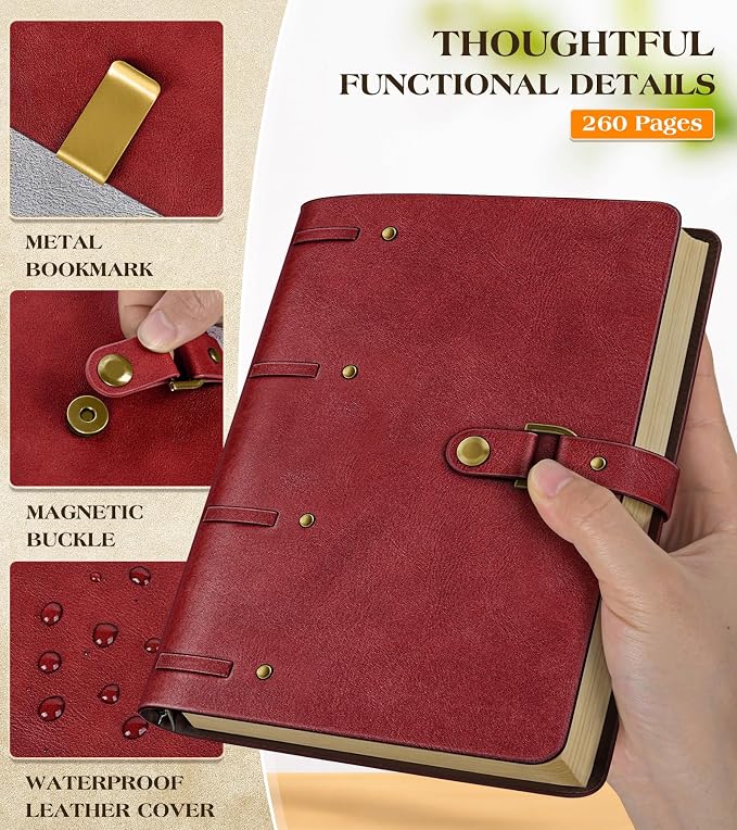 Leather Journal Notebook, A6 Size 5.3 x 7 inches 260 Pages Refillable Vintage Travel Notebook with Gift Box, 100 GSM Thick Lined Paper Journal Writing Diary Note Taking for Men and Women – Wine Red
