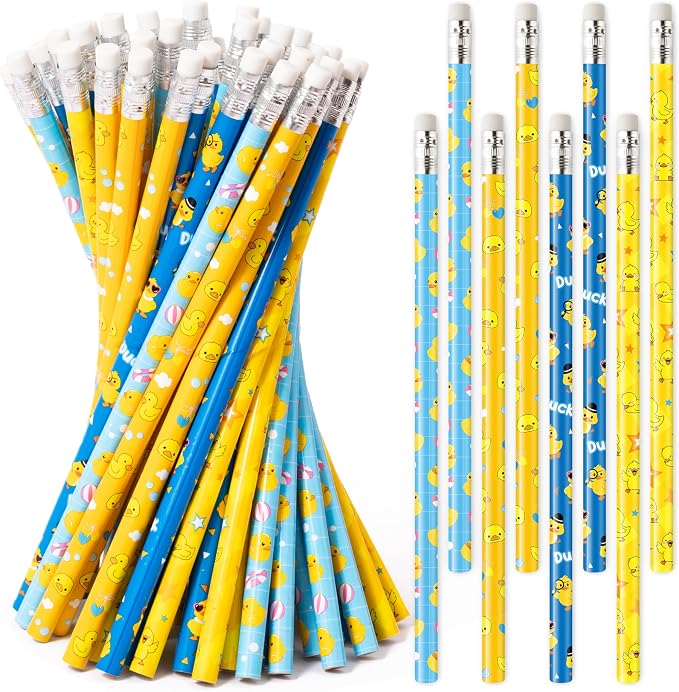 Xqumoi 60Pcs Ducks Pencils with Erasers - Cute Rubber Ducks Themed #2 HB Wooden Pencils in Bulk Birthday Party Favors Classroom Student Rewards Goodie Bag Fillers Stuffers Back to School Gift