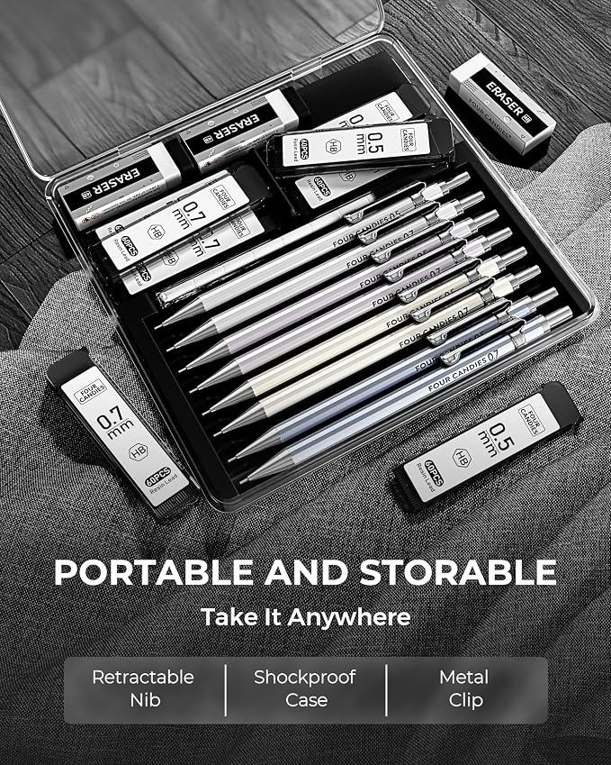 8PCS Metal Mechanical Pencil Set, 0.5mm & 0.7mm, Pack with Storage Case | 480 Leads, 3 Erasers+9 Refills, for School Writing, Sketching, Art Drawing & Professional Drafting