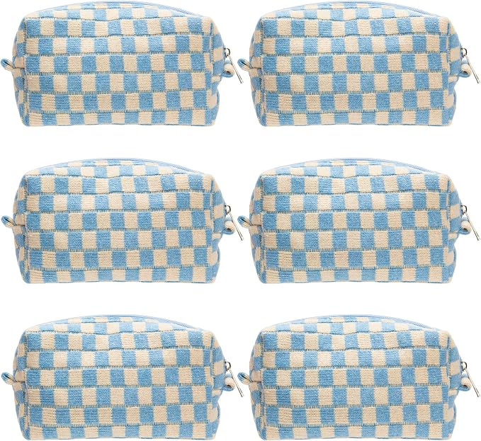 Checkered Makeup Bag for Purse, Small Cosmetic Pouch,Blue Beige,6 Pack | Cute Zipper Makeup Organizer for Women, Travel Essentials, Toiletries, Makeup Brushes, Beauty Accessories&Bridesmaid Gifts