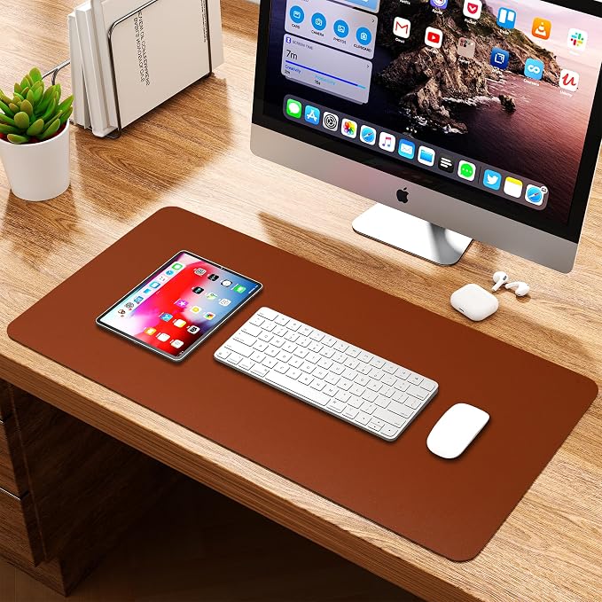 Leather Desk Pad Protector, Waterproof Mouse Pad, PU Desk Mat, Office Desk Cover, Desk Writing Mat for Office/Home/Work/Cubicle (Brown/Gray) 23.6x13.7 in