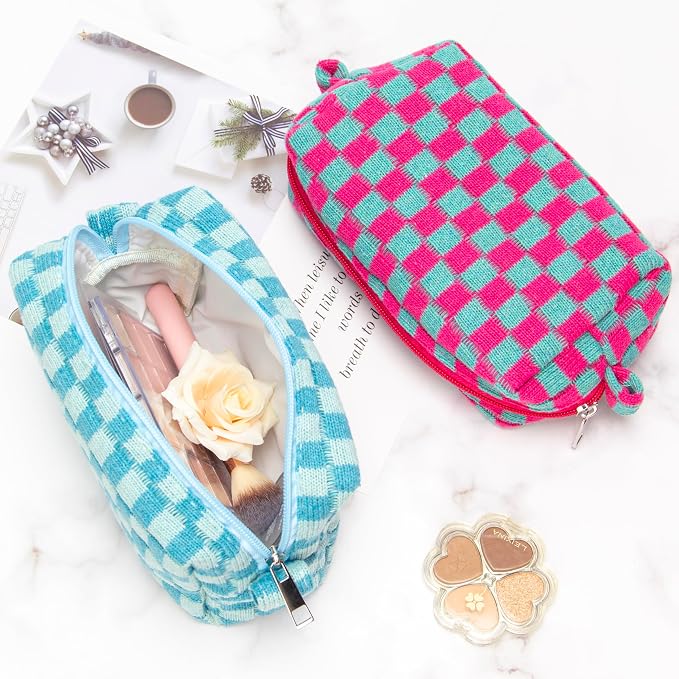 Checkered Makeup Bag for Purse, Small Cosmetic Pouch,Lake Blue,2 Pack | Cute Zipper Makeup Organizer for Women, Travel Essentials, Toiletries, Makeup Brushes, Beauty Accessories&Bridesmaid Gifts