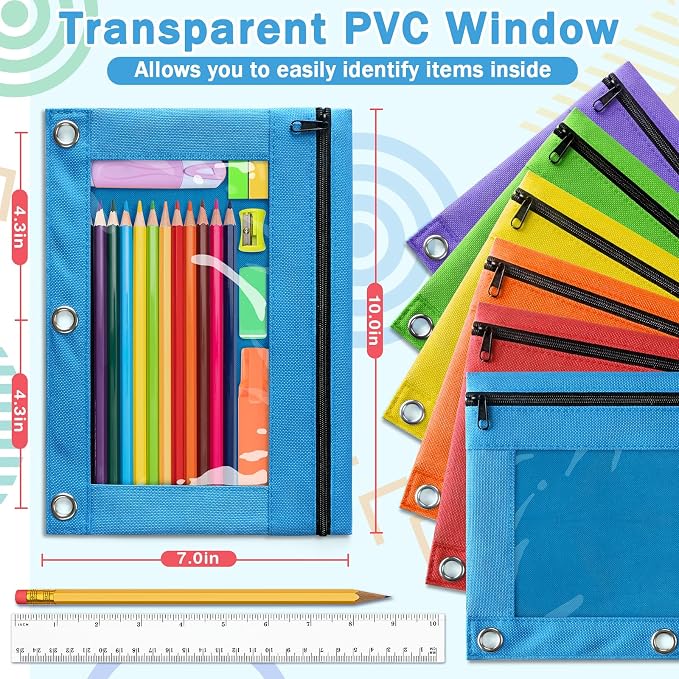 YEGEER Pencil Pouch for 3 Ring Binder, Pencil Pouches with Zipper & Clear Window - 6 Assorted Color, Pencil Case Bulk for 3-Holes Binder, Multi-Purpose Storage Bag for Office, School Supplies (6)