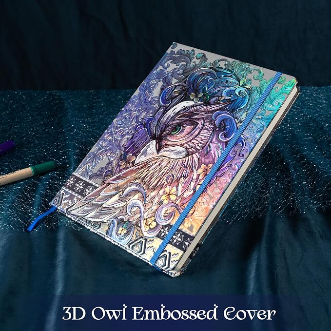 MGGAO B5 Lined Journal Notebook, Aesthetic Owl Embossed, Hardcover | Wide Ruled, 6.8" X 9.1", 192 Pages, Ribbon, Elastic Band, For Women & Men, For School & Office, Writing & Note Taking