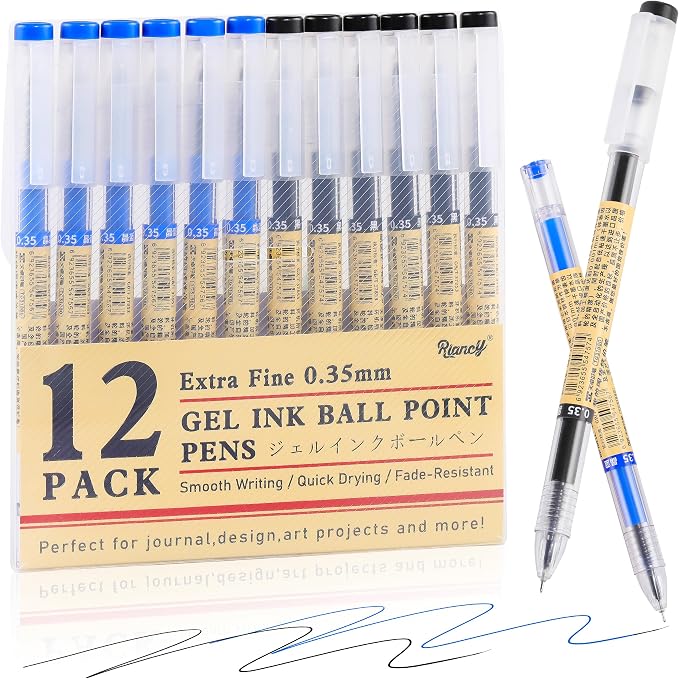 Japanese Style Black Blue Gel Ink Pens, 0.35mm Extra Fine Point, No Smudge Quick Drying, Japanese Ink Pen for Journal Planners, Thin Notebook Paper, Office School Supplies 12 Pack