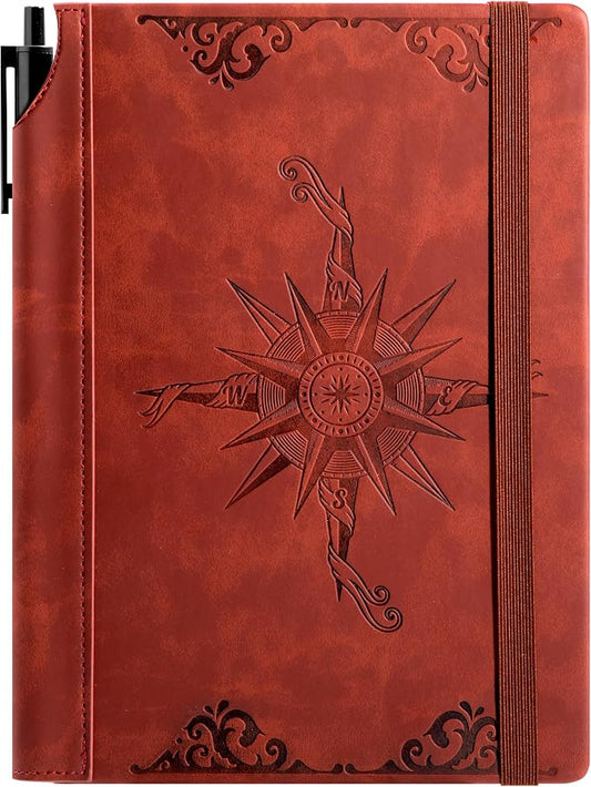 CAGIE Compass Leather Journal Gift for Men - Vintage Writing Notebook with Pen, 100 GSM 288 Page Lined Journal A5 Hardcover, 180° Lay Flat, Daily, Travel, Office & Gift Idea