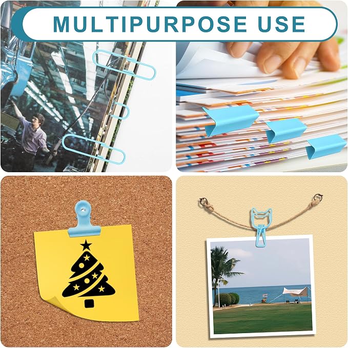Binder Clips and Paper Clips, Assorted Sizes, Blue, Set of Multiple Pieces