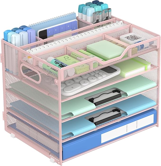 Docnest 5 Tier Mesh Desk Organizer with Removable Tray&Pen Holder, Pink | Features 3 detachable pen holders and 4 removable dividers.Versatile mesh desktop storage for mail, document,office supplie