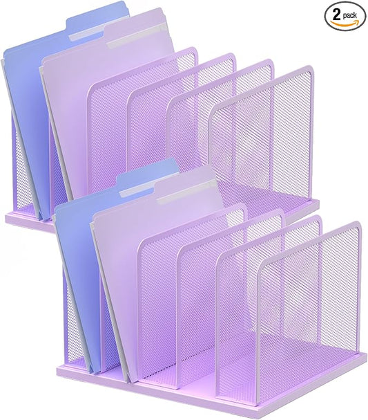 Kuntine.B Desk File Organizer Upright Mesh Desktop Organizer File Sorter Office Organization File Holder for Home, Office & Classroom (Purple, 2 Pack 5-Section)