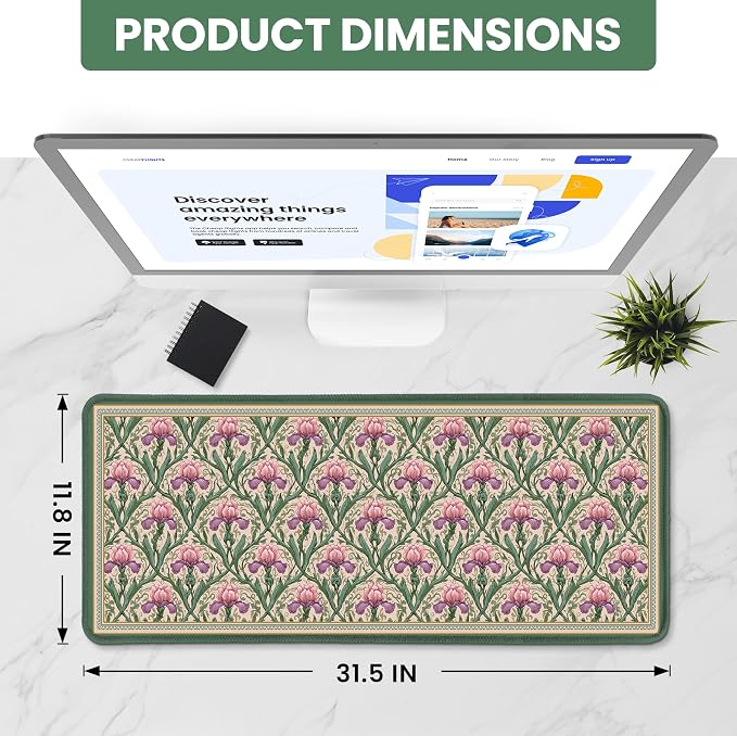 Large Mouse Pad for Desktop, Cute Desk Mat Pad Protector for Work & Gaming, Aesthetic Pretty Anti-Slip Laptop Blotter Cover for Office School Home Supplies, Blush Iris Garden, 31.5" x 11.8"