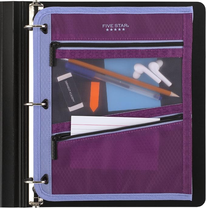 Five Star Pencil Pouch, Pen Case, 3-Pocket Zipper Pouch, Fits 3-Ring Binder, Storage Organizer for Classroom Supplies Earbuds Chargers Cables Makeup, Lilac/Berry (500208F-ECM)