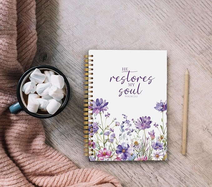 Christian Notebook for Women, Christian Gifts Journal, Prayer Journal for Women, Bible Journaling Notebook, PSALM 23:3 He Restores My Soul Floral Spiral Notebook 5.5x8.3