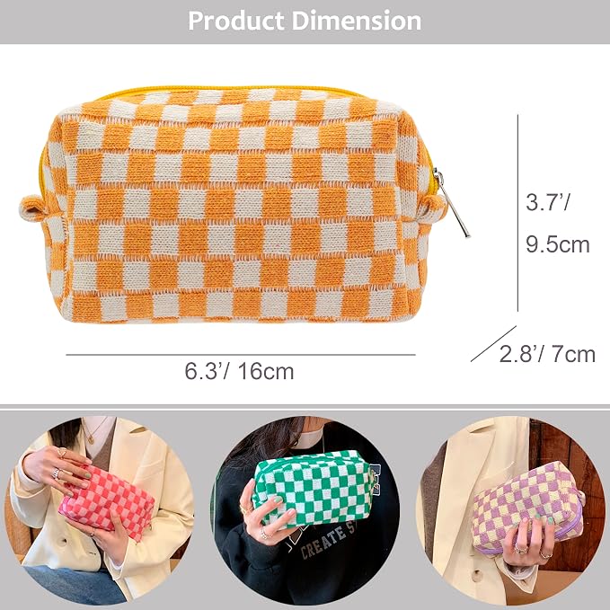Checkered Makeup Bag for Purse, Small Travel Cosmetic Pouch,Orange,6 Pack | Cute Zipper Makeup Organizer for Women, Travel Essentials, Toiletries, Makeup Brushes, Beauty Accessories&Bridesmaid Gifts