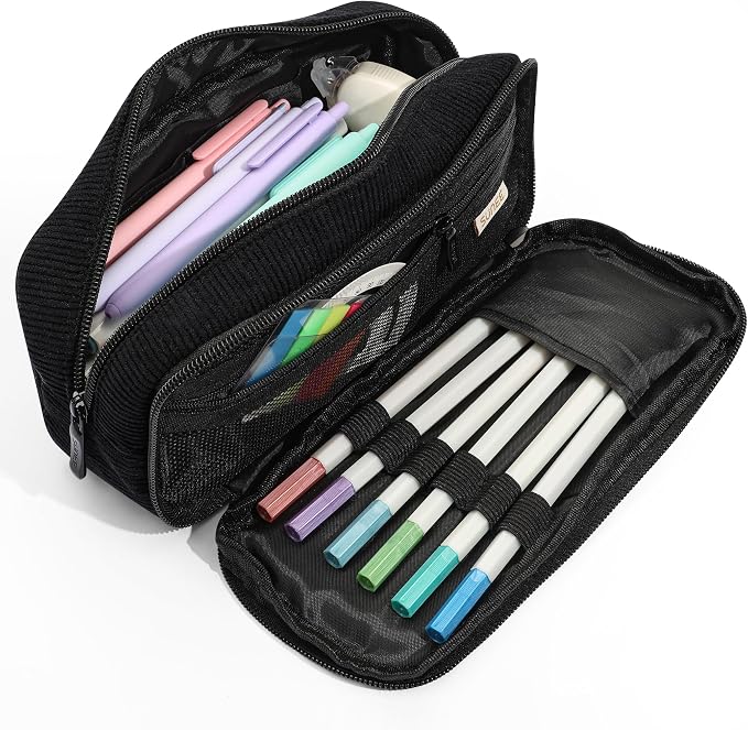 SUNEE Pencil Case, Large Capacity Pencil Pouch, Aesthetic Big Pen Bag, Soft Corduroy Pen Box for Office Stationery Organizer School Supplies Multifunctional for Teen Boys Girls Women Men, Jet Black