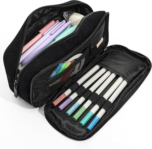 SUNEE Pencil Case, Large Capacity Pencil Pouch, Aesthetic Big Pen Bag, Soft Corduroy Pen Box for Office Stationery Organizer School Supplies Multifunctional for Teen Boys Girls Women Men, Jet Black