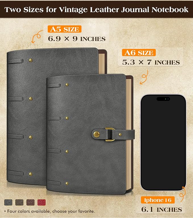 Leather Journal Notebook, A6 Size 5.3 x 7 inches 260 Pages Refillable Vintage Travel Notebook with Gift Box, 100 GSM Thick Lined Paper Journal Writing Diary Note Taking for Men and Women – Dusty Blue