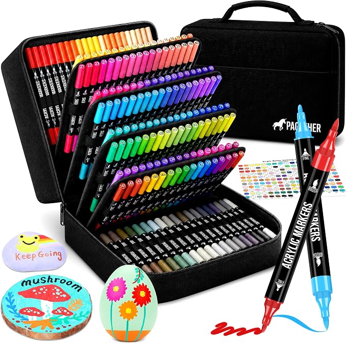 168 Colors Acrylic Paint Markers, Dual Tip Fine and Brush Tips Pens Contain 24 Metallic Color for Stone, Wood, Calligraphy, Canvas, Ceramic, Metal, Glass, Rock Painting, DIY Crafts Art Supplies Kit