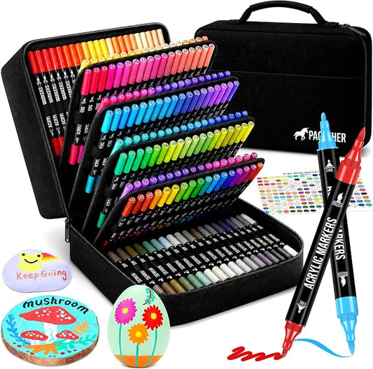 168 Colors Acrylic Paint Markers, Dual Tip Fine and Brush Tips Pens Contain 24 Metallic Color for Stone, Wood, Calligraphy, Canvas, Ceramic, Metal, Glass, Rock Painting, DIY Crafts Art Supplies Kit