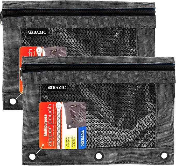 BAZIC PRODUCTS Black 3-Ring Pencil Pouch with Mesh Window, 2-Pack | clear mesh window and a zipper closure for pens, pencils, supplies