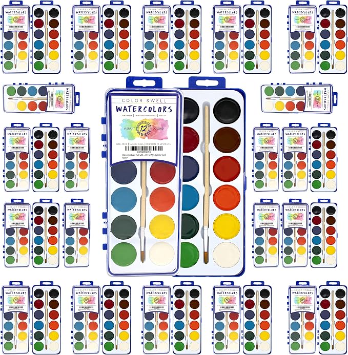 Watercolor Paint Pack with Wood Brushes 12 Washable Colors (1 Count (Pack of 36))