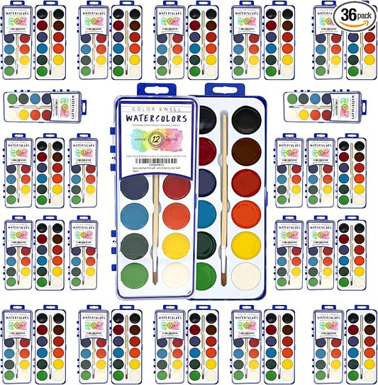 Watercolor Paint Pack with Wood Brushes 12 Washable Colors (1 Count (Pack of 36))