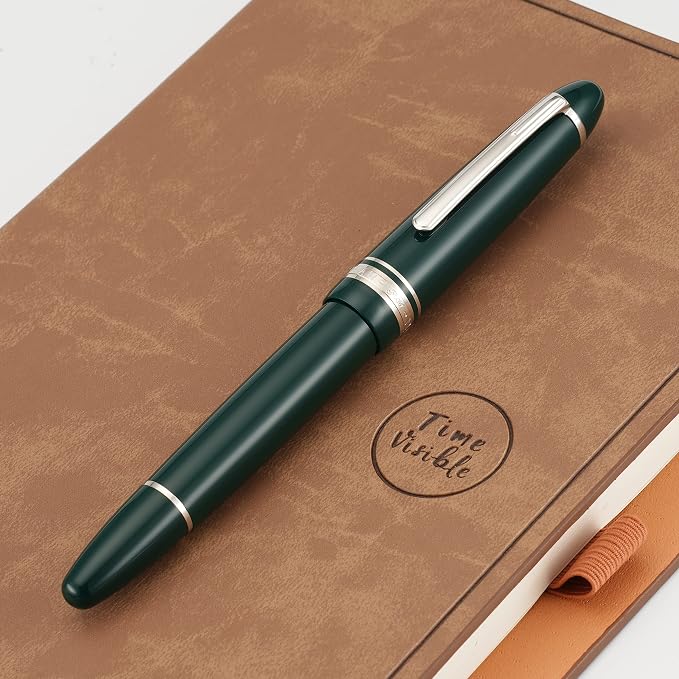 Majohn P136 Piston Fountain Pen Extra Fine Nib with Box, Green Resin Writing Gift Pen Set