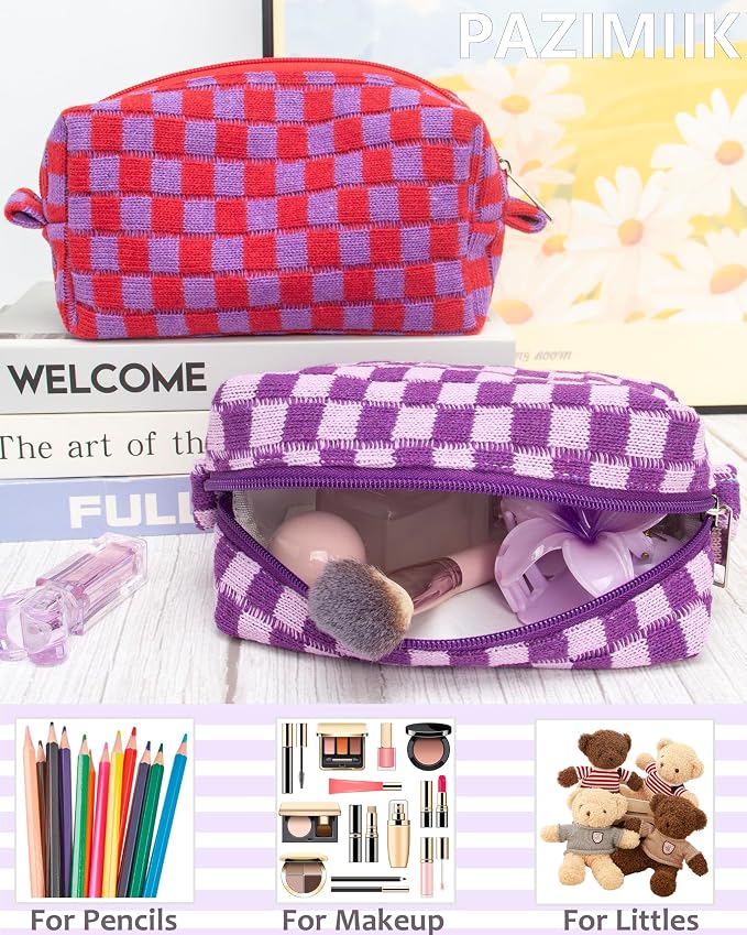 Checkered Makeup Bag for Purse, Small Travel Cosmetic Pouch,Lavender | Cute Zipper Makeup Organizer for Women, Travel Essentials, Toiletries, Makeup Brushes, Beauty Accessories&Bridesmaid Gifts
