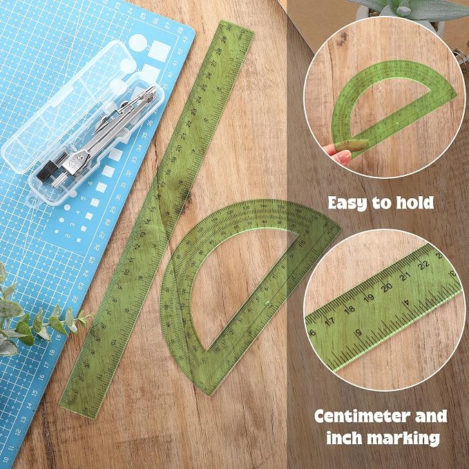Zonon 3 Pcs Plastic Ruler 6 Inch Protractor Drawing Compass Set, Student Geometry Math Transparent Measuring Tools for Home School Classroom Office Supplies(12 Inch,Green)